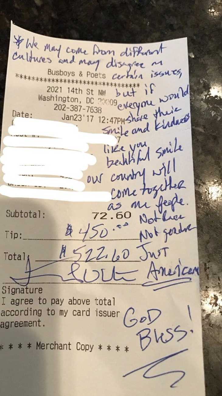 Generosity: White Trump Fan Stuns Black Waitress With This Shocking Note on Receipt