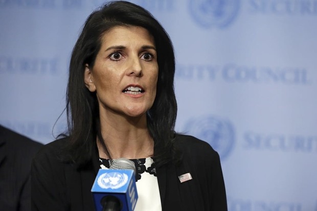 U.S. Ambassador Nikki Haley addresses a news conference after consultations of the United Nations Security Council, Wednesday, March 8, 2017. (AP Photo/Richard Drew)