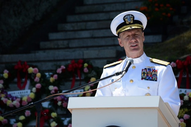 SHIMODA, Japan (May 20, 2017) – Vice Adm. Joseph P. Aucoin, commander, U.S. Seventh Fleet delivers his congratulatory greetings during the 78th Annual Shimoda Black Ship Festival Ceremony. The Navy’s participation in the festival celebrates the heritage of U.S.-Japanese naval partnership first established by Commodore Matthew Perry’s 1853 port visit. (U.S. Navy photo by Daniel A. Taylor/Released by FLEACT Yokosuka Public Affairs Office)